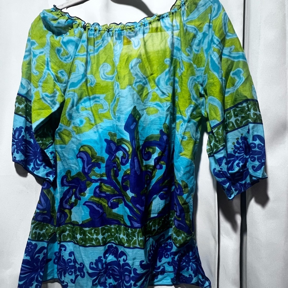 Cabana Boho Peasant Blouse Small Blue Green Tropical Print Tie Neck Top - Picture 3 of 5